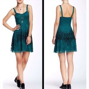 Free People Strap Mini Flare Dress Green Floral Lace Black Velvety Detail‎